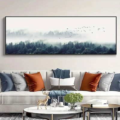 Panoramic Forest Scene with Misty Mountains & Birds Canvas Wall Art Home Decor