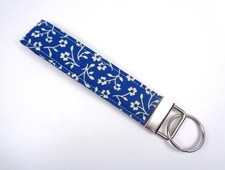 Handmade Navy  Beige Floral Fabric Key Fob, Keychain, Key Lanyard