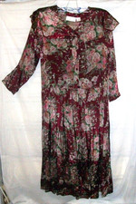 ‼️Sale  PIER 1 Passport Vintage Shiny Rayon Burgundy Floral Caplet Dress L