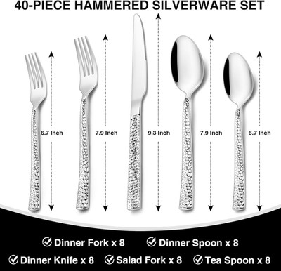 40 Piece Silverware Set for 8, Stainless Steel Square Flatware Tableware Cutlery