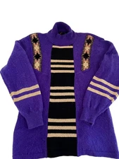 Vintage Womens Purple Bogner Sweater, Lambswool, Angora, Metallic Gold, Aztec RA