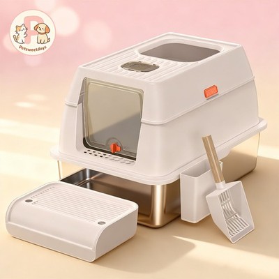 Fully Enclosed Stainless Steel Cat Litter Box with Step & Easy Clean Design