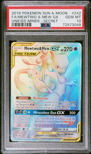 PSA 10 2019 POKEMON SUN & MOON UNIFIED MINDS MEWTWO & MEW GX #242 FULL ART