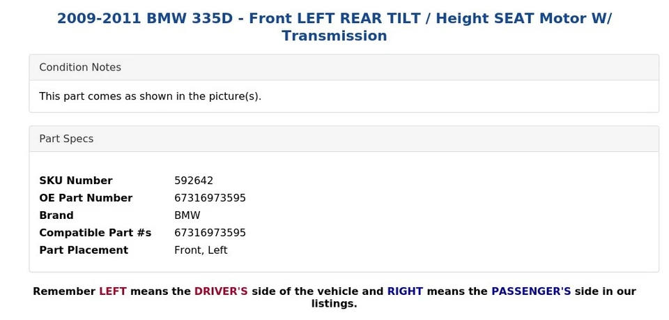 BMW 335D 2009-2011 - Motor asiento delantero izquierdo trasero inclinable/altura con transmisión Foto 4 de 4