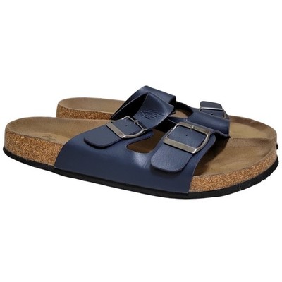 R&R Men Double Strap Footbed Slide Sandal Size US L 10-11 Navy Blue Faux Leather