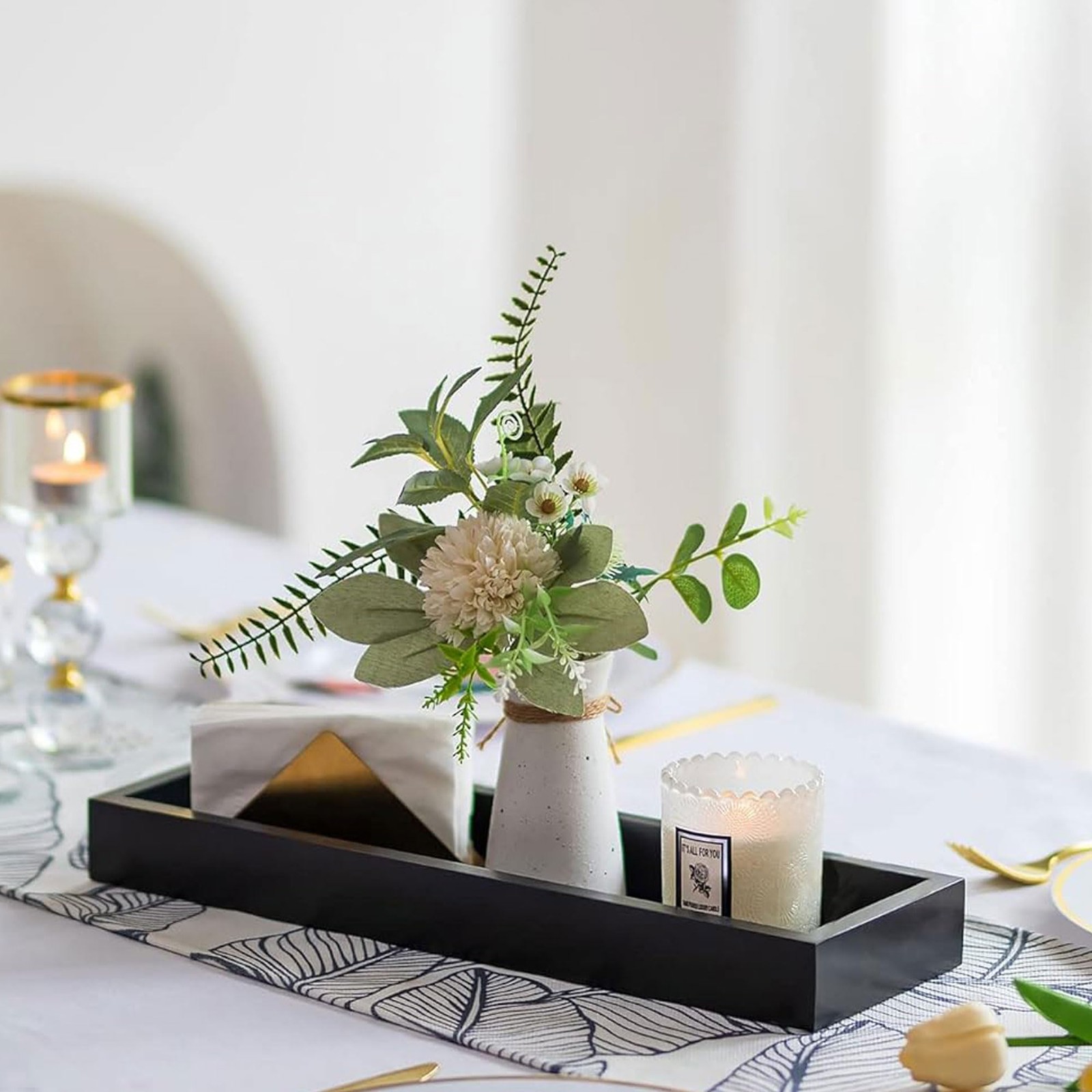Hanobe Rectangular Long Narrow Tray: Black Decorative Rectangular Candle Hold...