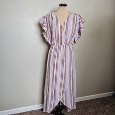 Umgee Striped Ruffle Sleeve Maxi Dress Beige Purple Blue Medium Surplice neck