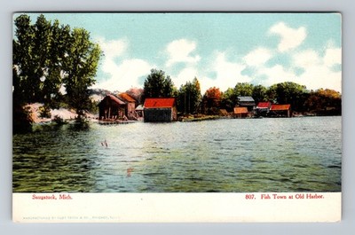 Saugatuck, MI-Michigan Fish Town At Old Harbor Waterfront Vintage c1913 Postcard
