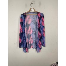 Tropical Palm Leaf Mesh Kimono Cardigan Pink Purple Blue Open Front Cover Up L
