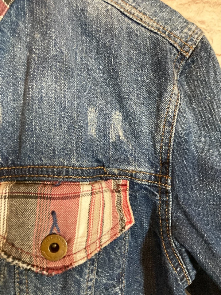 Chaqueta Jean American Rag Cie Para Mujer Mediana Franela Borde Boho Denim Azul Hippie Foto 4 de 4