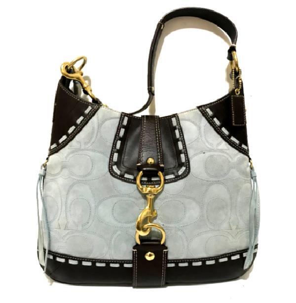 MINT COACH BLUE HAMPTONS LG SLIM STITCHED SUEDE SIG C HOBO TOTE