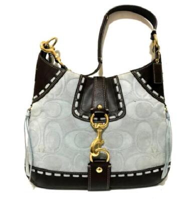 MINT COACH BLUE HAMPTONS LG SLIM STITCHED SUEDE SIG C HOBO TOTE