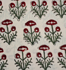 Beige Red Green Block Print Fabric By the Yard Floral Indian Fabric for Sewing