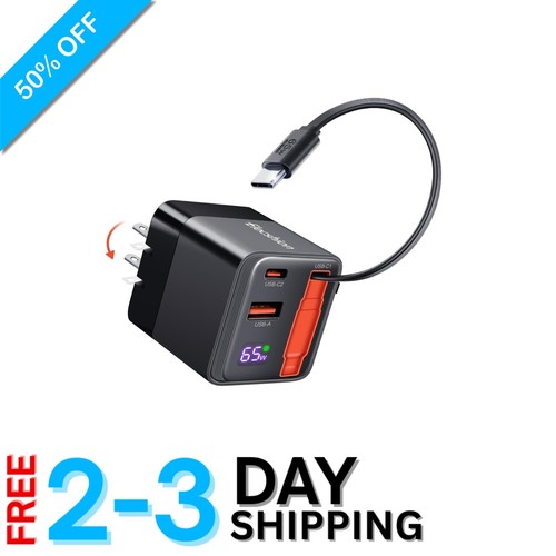 Compact 65W USB C Charger with Foldable Plug & Retractable Cable for Easy Travel - 第 1/9 張圖片