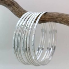 Set of 7 Bangle 925 Silver Hammered Stacking Thin Sparkly Women Bracelet 056