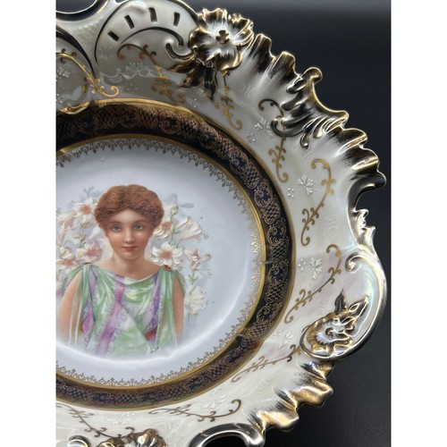 Antiguo cuenco de porcelana grande Austria festoneado neoclásico brillo dama retrato - Imagen 4 de 10