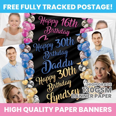 PERSONALISIERTES FOTO GEBURTSTAG BANNER BELIEBIGER NAME PARTY DEKO GOLD BLAU ROSA