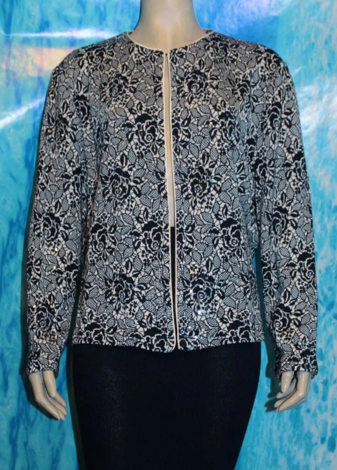 Chaqueta y Falda ST. JOHN Noche Azul Crema XL 16 18 2 piezas Traje Lentejuelas Floral Foto 3 de 4
