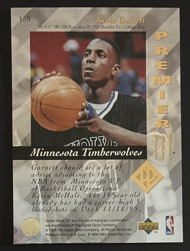 1995-96 UPPER DECK KEVIN GARNETT 159 SP PREMIER MINNESOTA TIMBERWOLVES ROOKIE RC - Picture 2 of 2