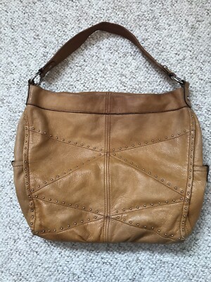 B. Makowsky Large Natural Tan Leather Studded Puzzle Hobo Shoulder Bag Boho