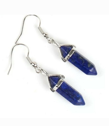 Earring Natural Stone Lapis Lazuli Hexagonal Reiki Bead Drop. Ready to Ship - Picture 2 of 2