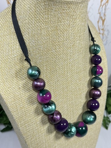 Statement Chunky Green & Purple Bead Cord Necklace 1424 - Picture 7 of 12