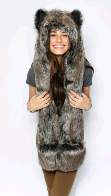 New SpiritHoods Dire Wolf Faux Fur Hood Grey Wolf Beanie Hat Made In The USA