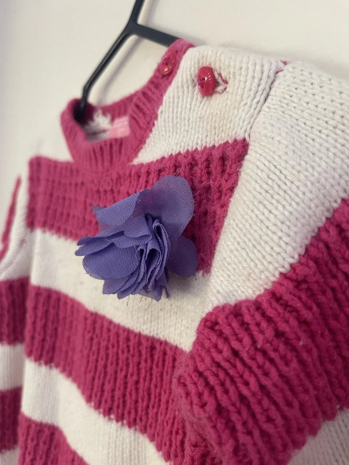 TCP Bebé Niñas Púrpura Flor Rosa Rayas Acogedor Tejido Pullover Suéter Blanco 6-9 M Foto 4 de 4