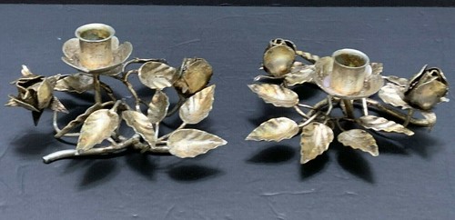 Pr Gilt Tole Metal Candle Holders Italy Shabby Roses Leaves Silver/Gold Vintage - Picture 1 of 12