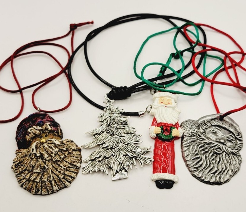 Modernist CHRISTMAS Santa Necklace Chunky Statement LOT SET 4 PC Christmas Tree