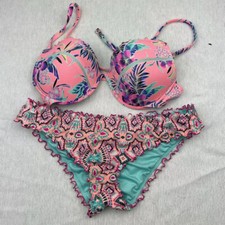 Shade Shore Pink Ruffled Bikini Size 38B Floral Geometric