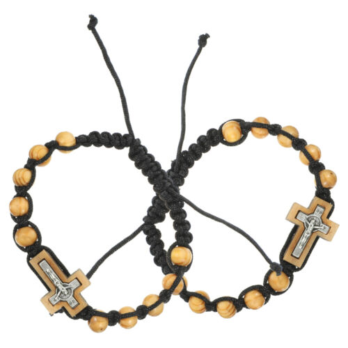 Christian Wood Cross Bracelet Set - Religious Adjustable Wristband - Picture 1 of 12