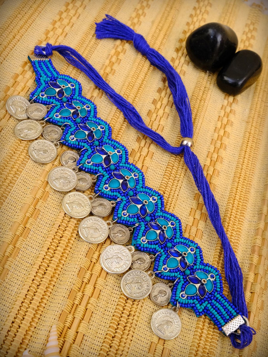 Oxidized Silver Necklace Blue Choker indian Ethnic tribal Coin