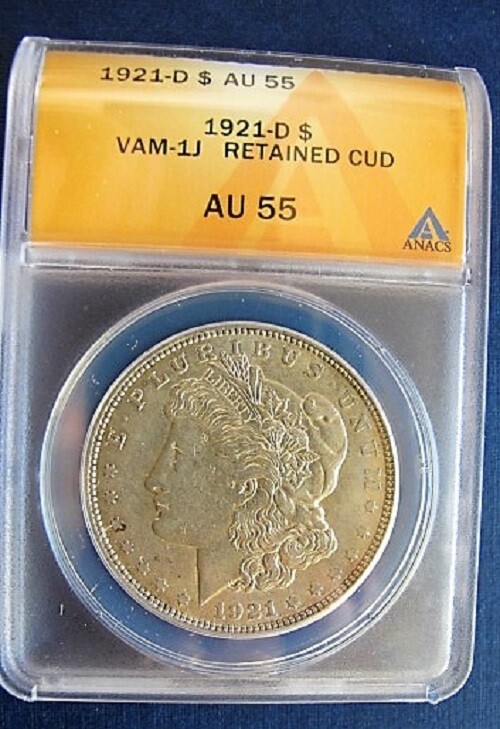 1921 D AU MORGAN DOLLAR VAM 1J VLDS REVERSE CUD ANACS AU55
