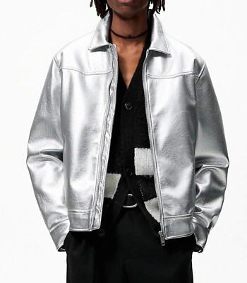 Zara Men's Faux Metallic Silver Leather Jacket Limited Edition Size