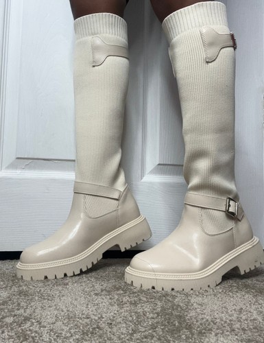 Damas Calcetín Botas Altas a la Rodilla Mujer Suela Gruesa Hebilla Becerro Zapatos de Montar Talla - Imagen 3 de 22