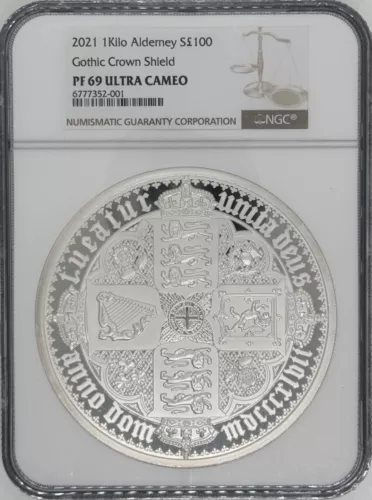 2021 Alderney Gothic Crown Shield 1 kilo Silver NGC PF-69 UCAM