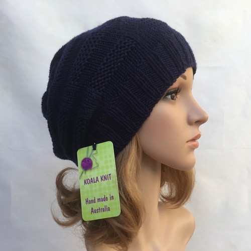 KOALA KNIT HAND KNITTED LADIES TEENS SIZE L CREAM, BLUE MERINO WOOL SLOUCHY HAT - Picture 34 of 81