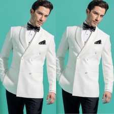 White Men's Suits Double Breasted Formal Business Wedding Groom Tuxedo Coat Pant