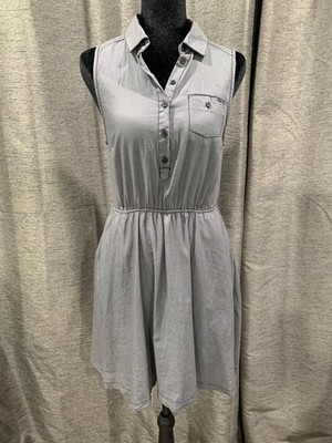NWT DIVIDED by H&M Gray elastic shirred waist swing dress  knee length buttons S