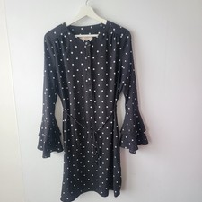 LOFT women's Polka Dot Flare Bell Long Sleeve Mini Dress size M Belted classic