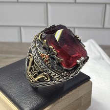 925 Sterling Silver Turkish Handmade Jewelry Red Garnet Men Signet Ring Sz 7.75