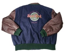 Vintage 90s Hard Rock Cafe Dallas Leather Large Letterman Jacket Blue Purple