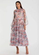 Mac Duggal 11405 Multicolor Floral High Neck Balloon Sleeve Midi Dress Size 6 