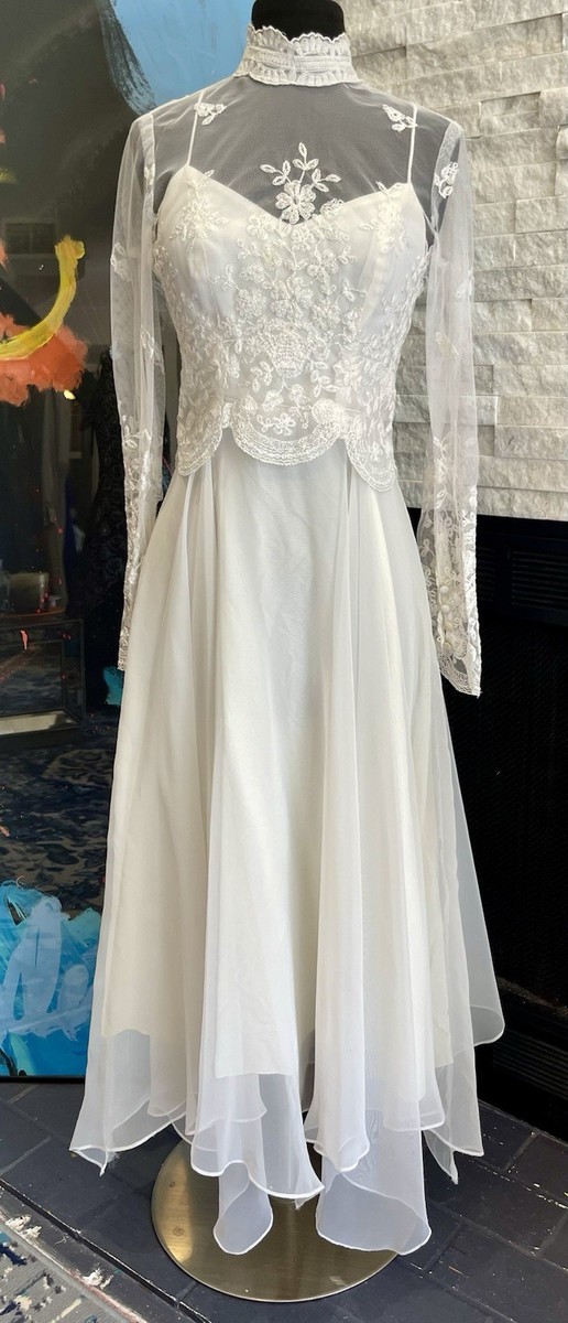 VTG 70s White Victorian Lace And Chiffon MIDI Wedding Dress Lined  Handkerchief | eBay