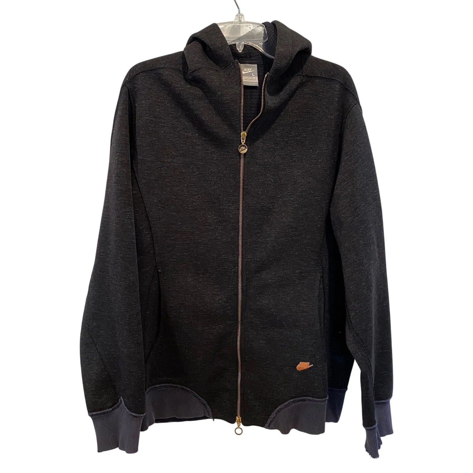 Vintage Nike Mens :arge Full Zip Hoodie Charcoal Grey Waffle Knit Thermal Lining