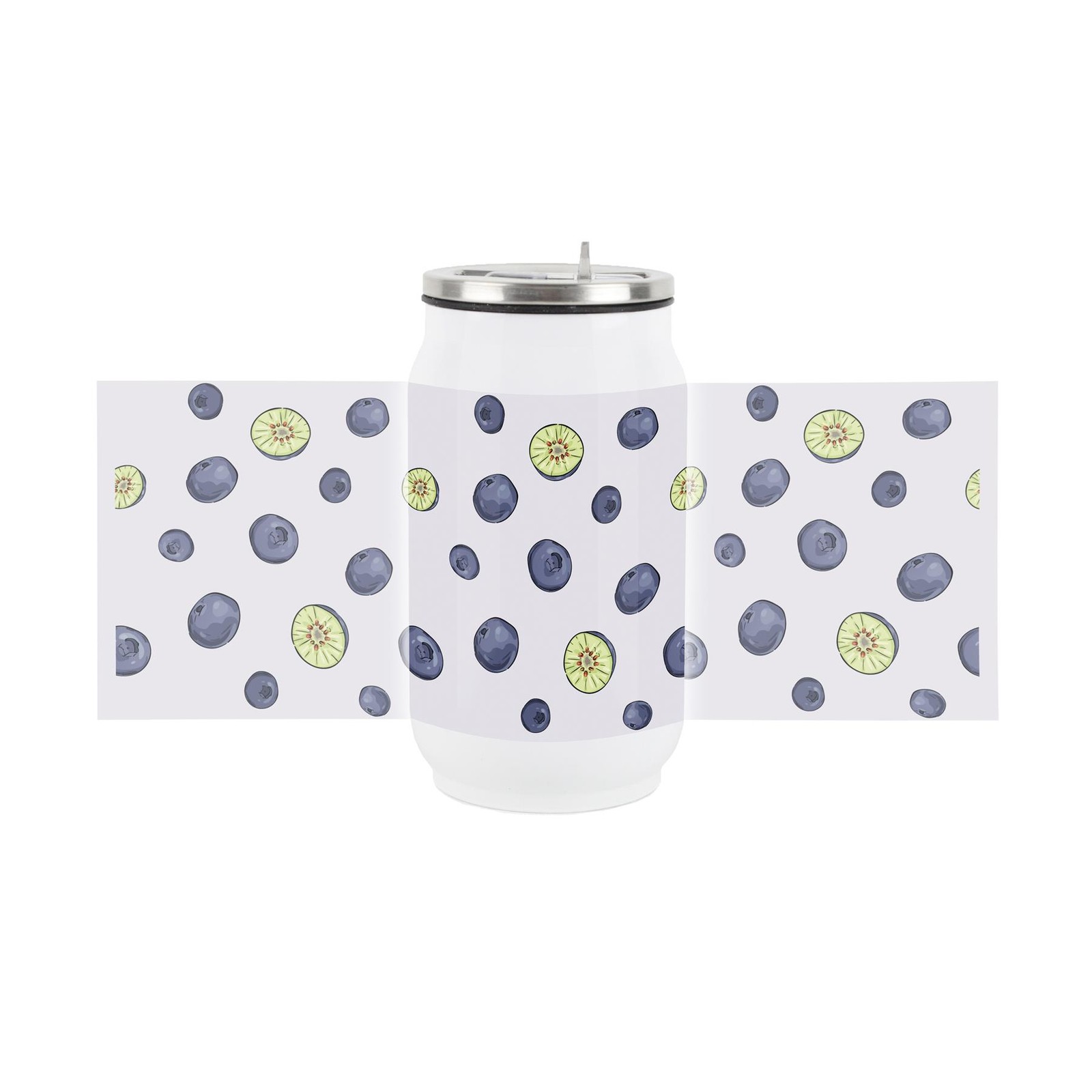 Blueberry Fruits Drinking Flask with Straw - Stainless Steel Travel Mug Gift