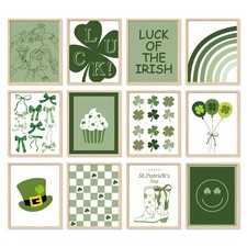 12Pcs St. Patrick's Day Wall Art Prints Paper Posters Shamrock Lucky Clover Bow