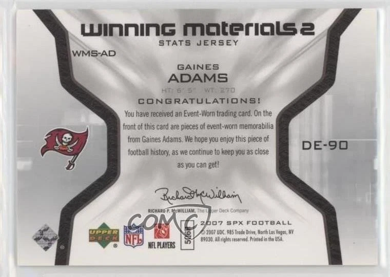 2007 SPx Winning Materials Stats Dual Gaines Adams #WMS-AD Rookie RC - Image 2 of 2