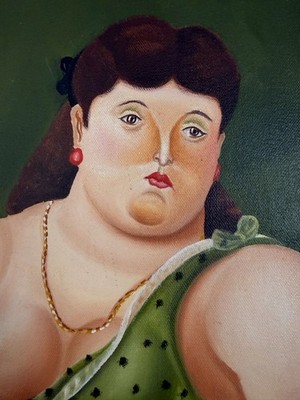 Hernandez  Homenaje a Botero  Oil Painting   Woman in Green Dress   Framed
